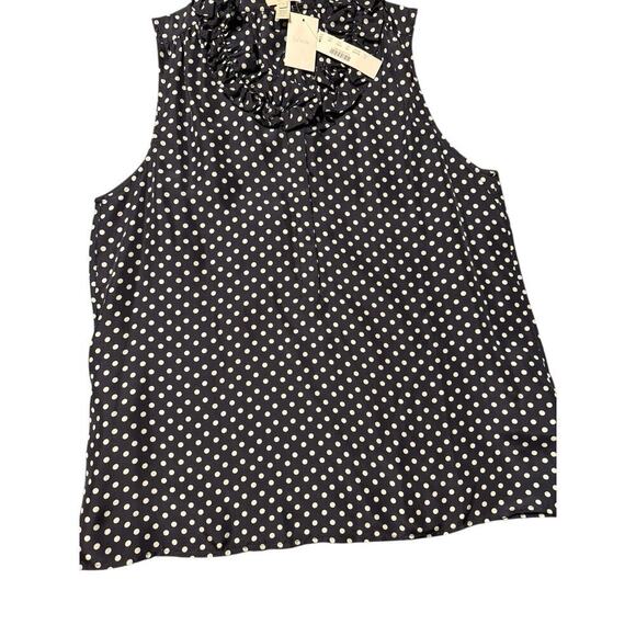 J Crew Woman’s Blouse Navy w White polka Dots Silk Ruffle Neck size 14 NWT - Picture 1 of 9